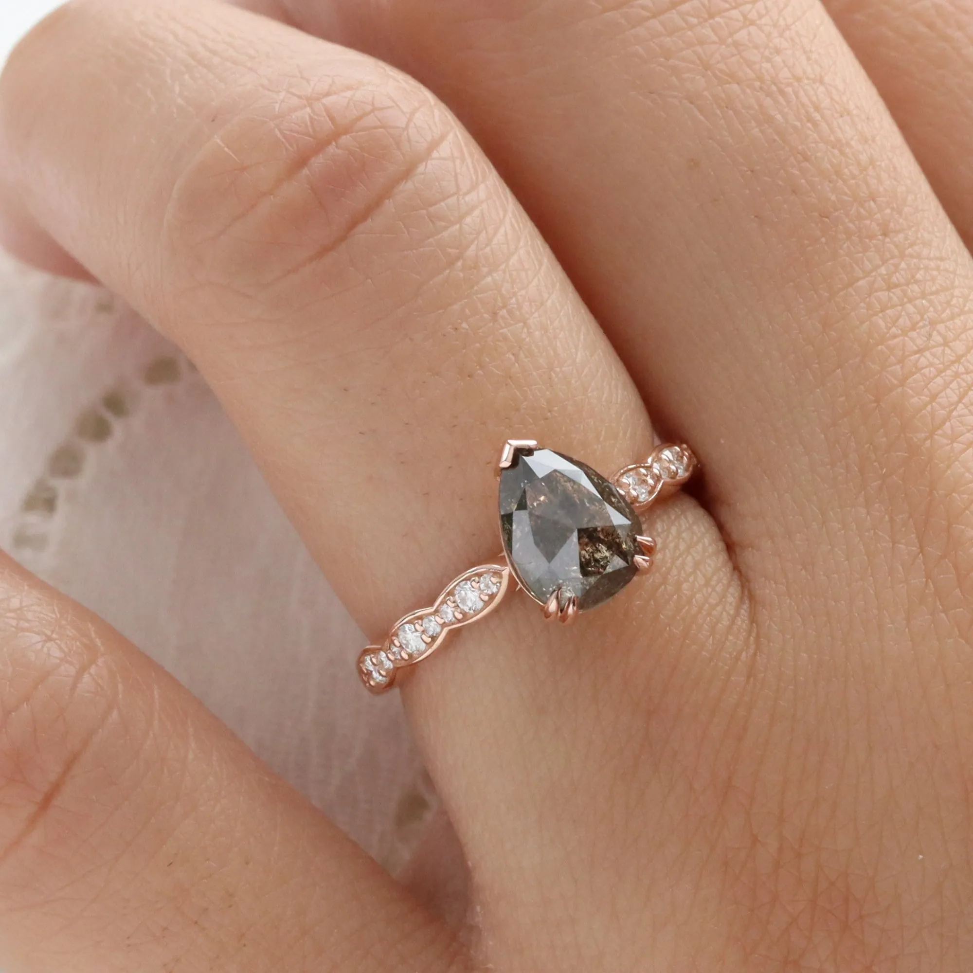 2.08 Ct Pear Salt and Pepper Diamond Ring in 14k Rose Gold Grace Solitaire Ring Size 6.5