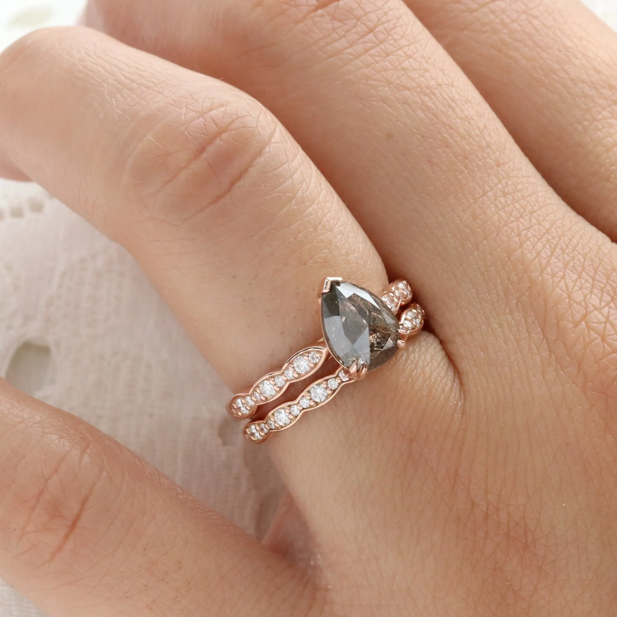 2.08 Ct Pear Salt and Pepper Diamond Ring in 14k Rose Gold Grace Solitaire Ring Size 6.5