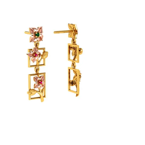 3 Tiered 22k Climber Gold Floral Earrings