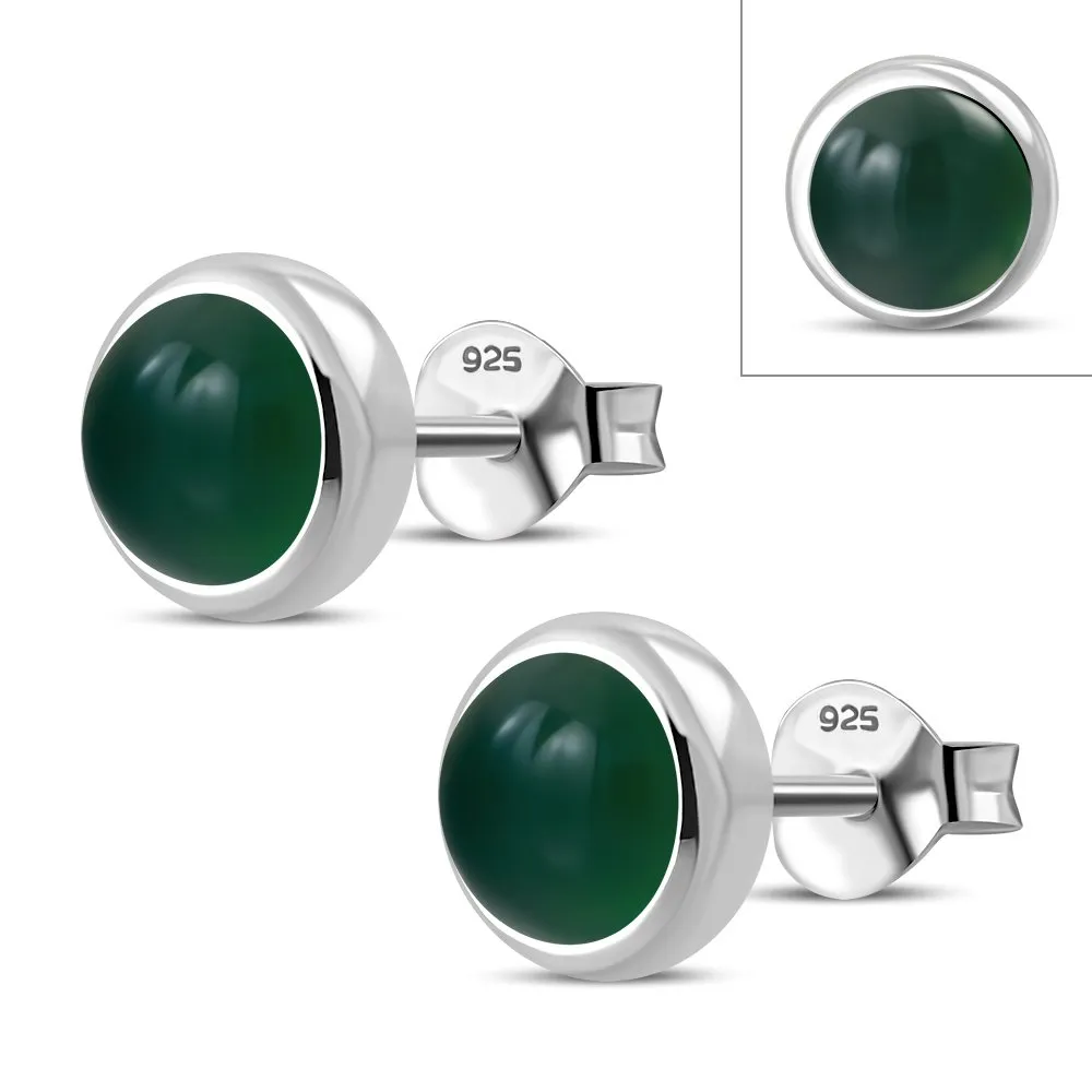 7.50mm | Green Agate Round Sterling Silver Stud Earrings