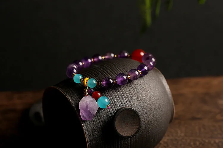 8mm Natural Amethyst Red Agate Amazonite Bead Bracelet