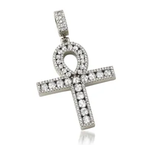 .925 Silver Channel Set Ankh Bling Bling Cross Rhodium