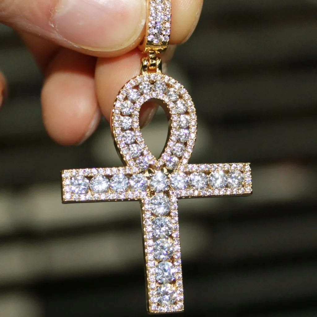 .925 Silver Channel Set Ankh Bling Bling Cross Rhodium