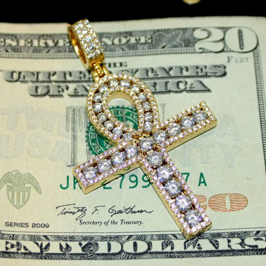 .925 Silver Channel Set Ankh Bling Bling Cross Rhodium