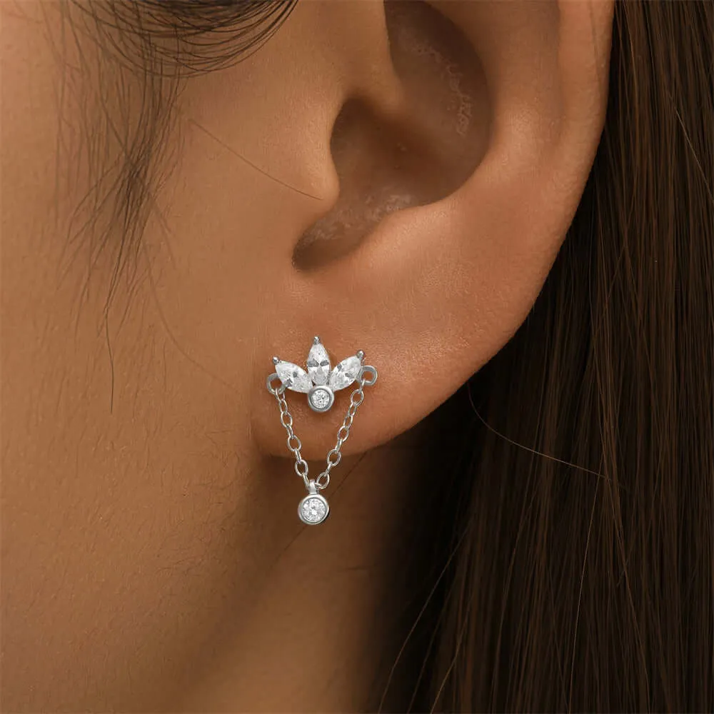 925 Silver Crown Top Round Pendant CZ Diamond Flat Back Earrings