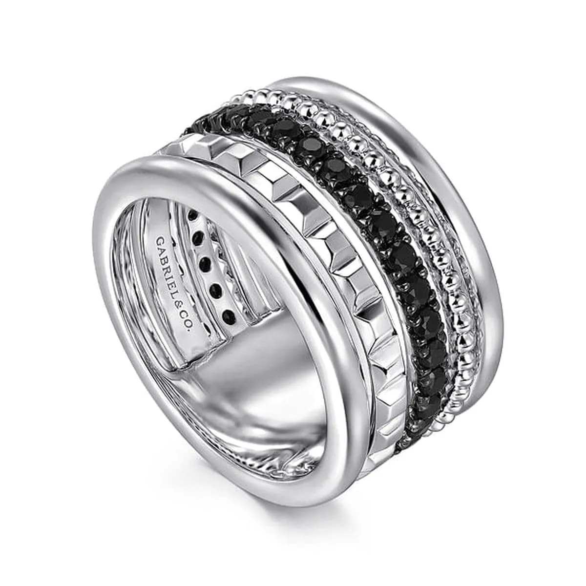 925 Sterling Silver Bujukan Black Spinel and Pyramid Multi Row Easy Stackable Ladies Ring