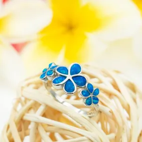 925 Sterling Silver Hawaiian Plumerias Ring For Women. Royal, Elegant, White or Blue Opal Flowers Cluster Wedding, Pinky, Statement Ring.