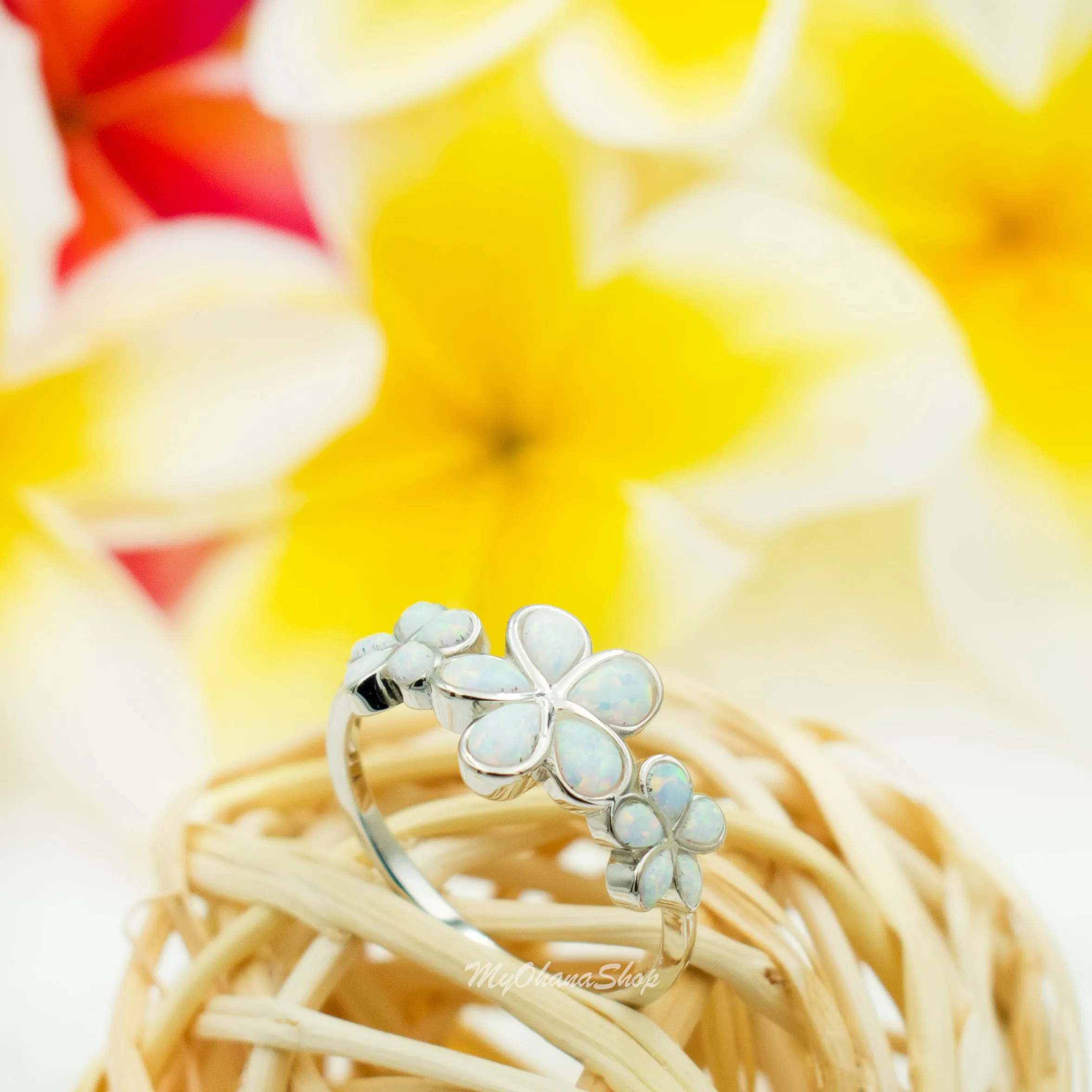 925 Sterling Silver Hawaiian Plumerias Ring For Women. Royal, Elegant, White or Blue Opal Flowers Cluster Wedding, Pinky, Statement Ring.