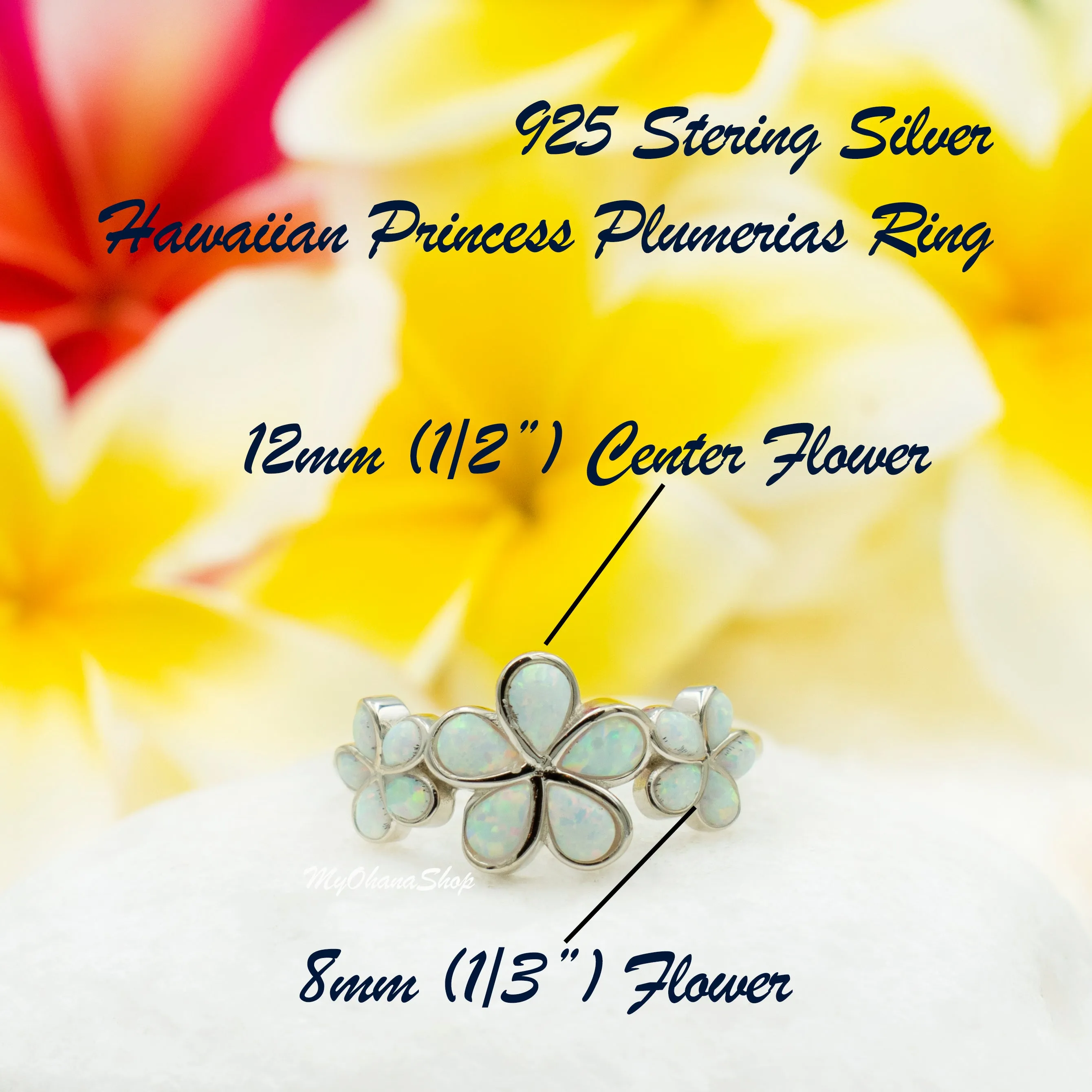 925 Sterling Silver Hawaiian Plumerias Ring For Women. Royal, Elegant, White or Blue Opal Flowers Cluster Wedding, Pinky, Statement Ring.