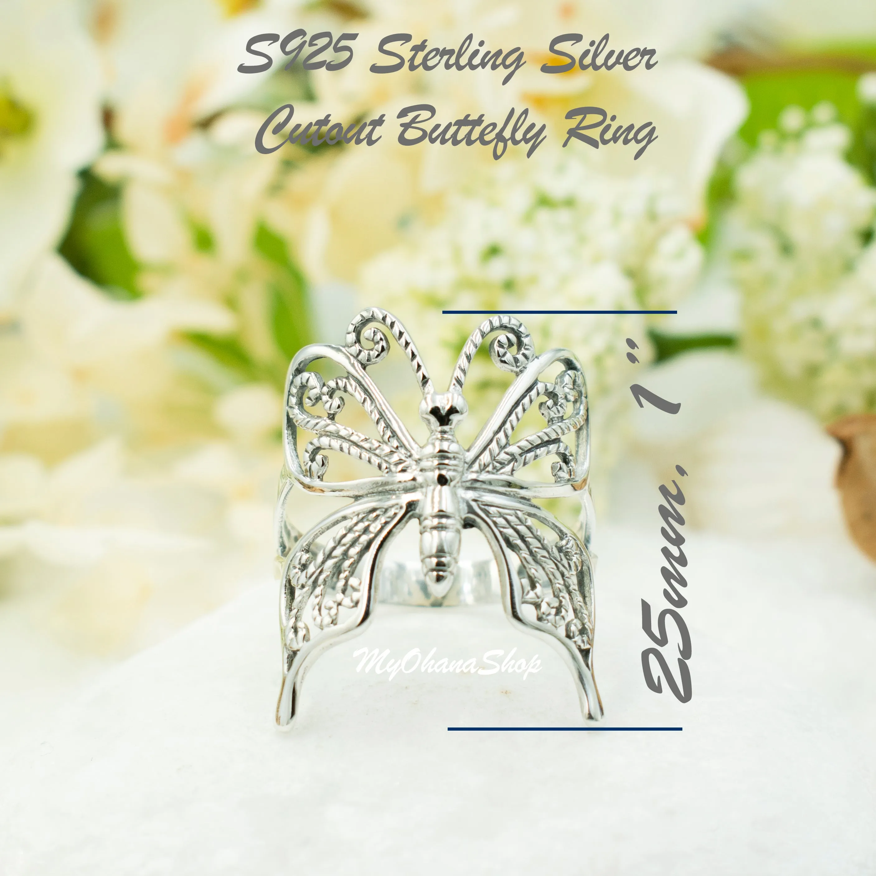 925 Sterling Silver Large Butterfly Ring For Women, Girls.  25mm Wide Cutout, Filigree Butterfly Ring.  Tropical Animal, Fairy Jewelries.