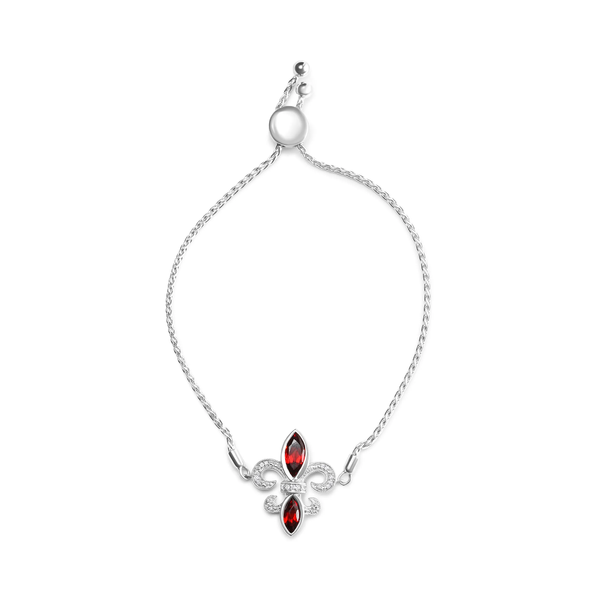 .925 Sterling Silver Marquise Garnet  and Diamond Accent Lariat 4”-10” Fleur De Lis Adjustable Bolo Bracelet