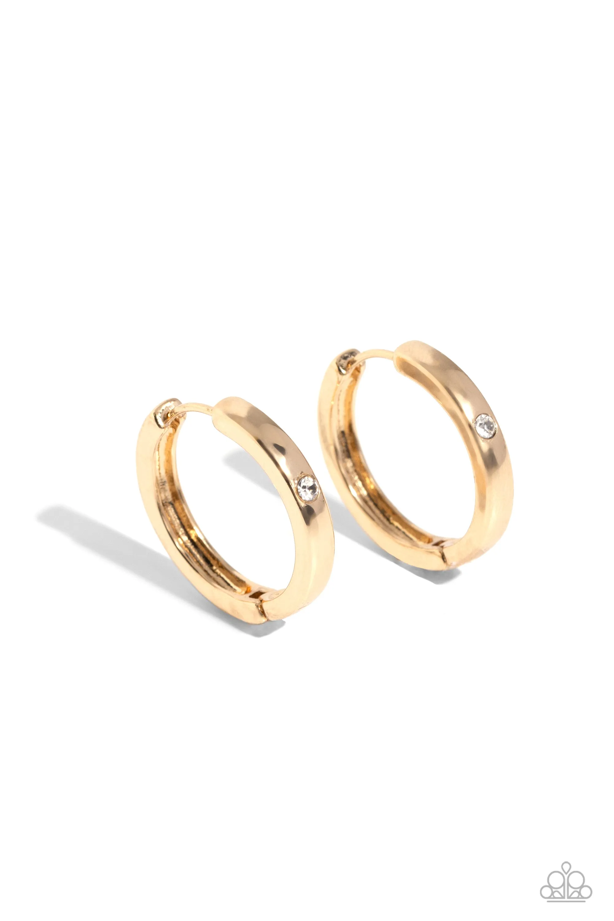 A-Lister Attention - Gold - White Rhinestone Paparazzi Hinge Hoop Earrings