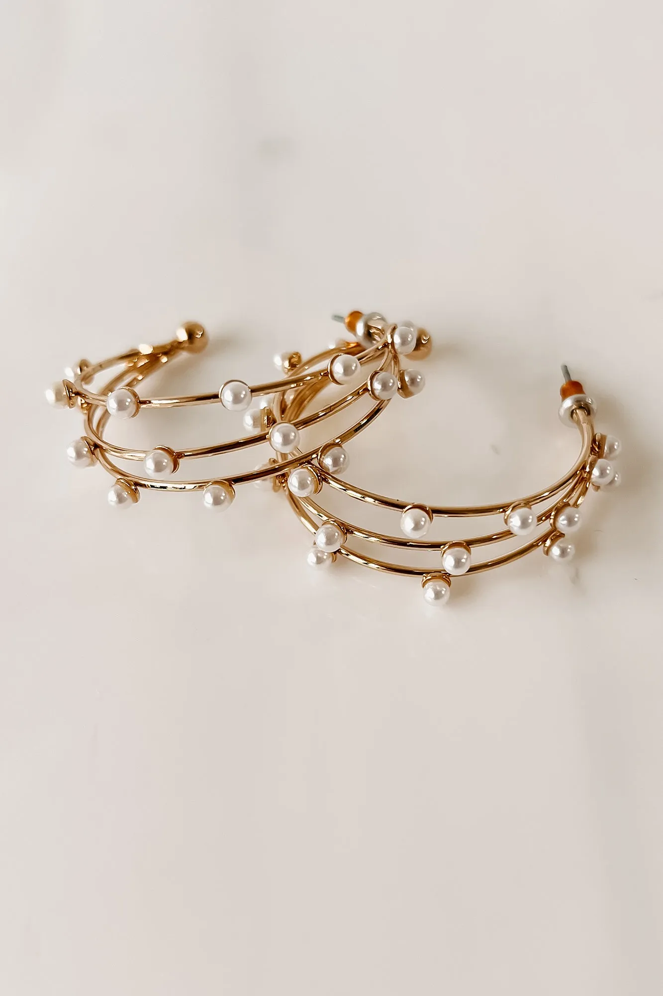 Always Appropriate Triple Wire Pearl Hoop Earrings (Gold)