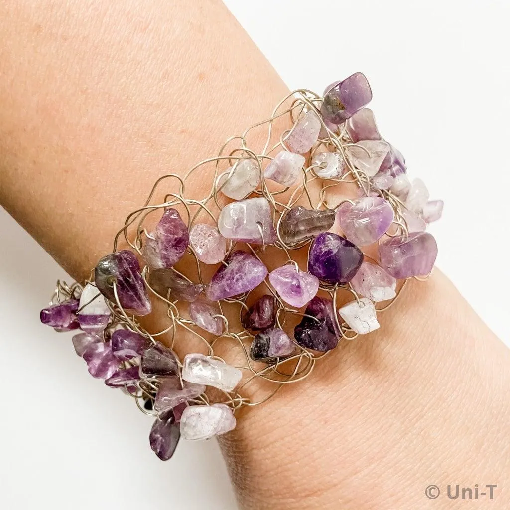 Amethyst chips wire crochet sterling silver cuff bracelet