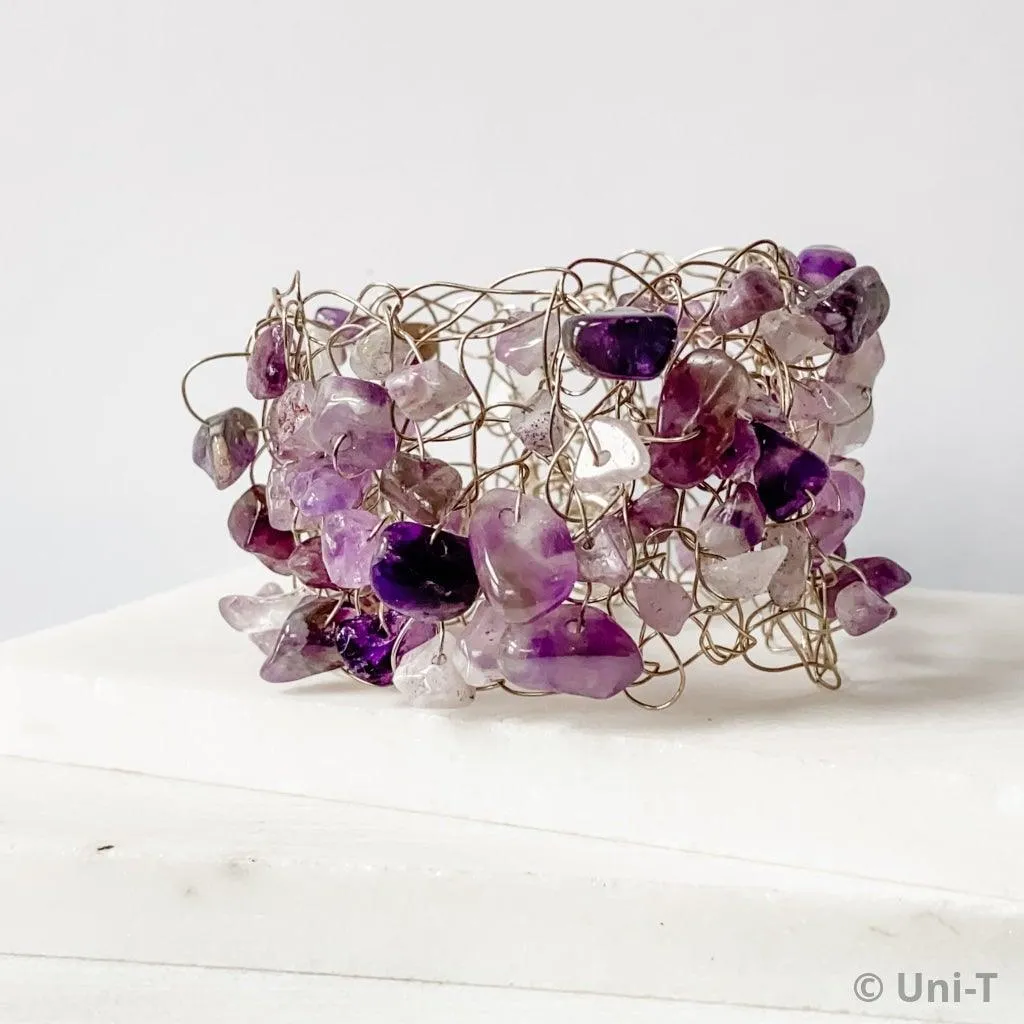 Amethyst chips wire crochet sterling silver cuff bracelet