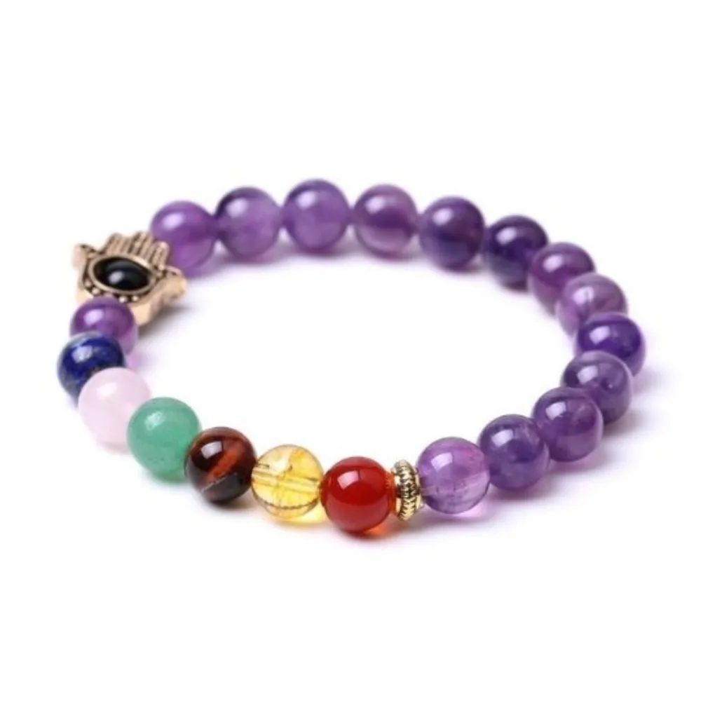 Amethyst Hamsa 7 Chakra Elastic Bracelet | Clarity, Protection & Spiritual Balance