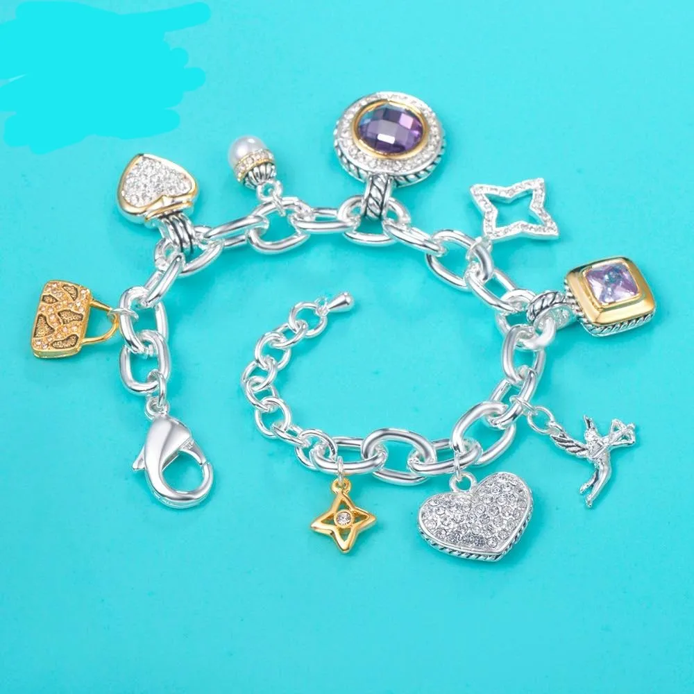 Amethyst Pave Heart Cupid Multi Charms Luxury Charm Bracelet