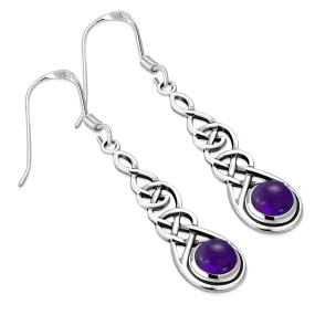 Amethyst Stone Celtic Long Silver Earrings