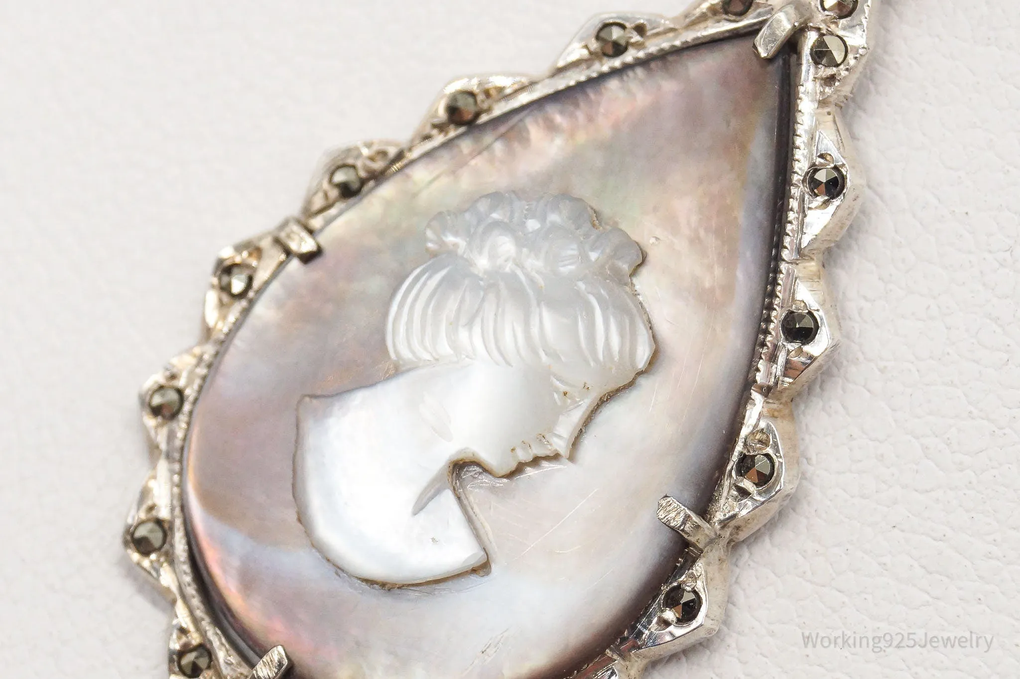 Antique Carved Mother Of Pearl Abalone Shell Lady Cameo 800 Silver Necklace