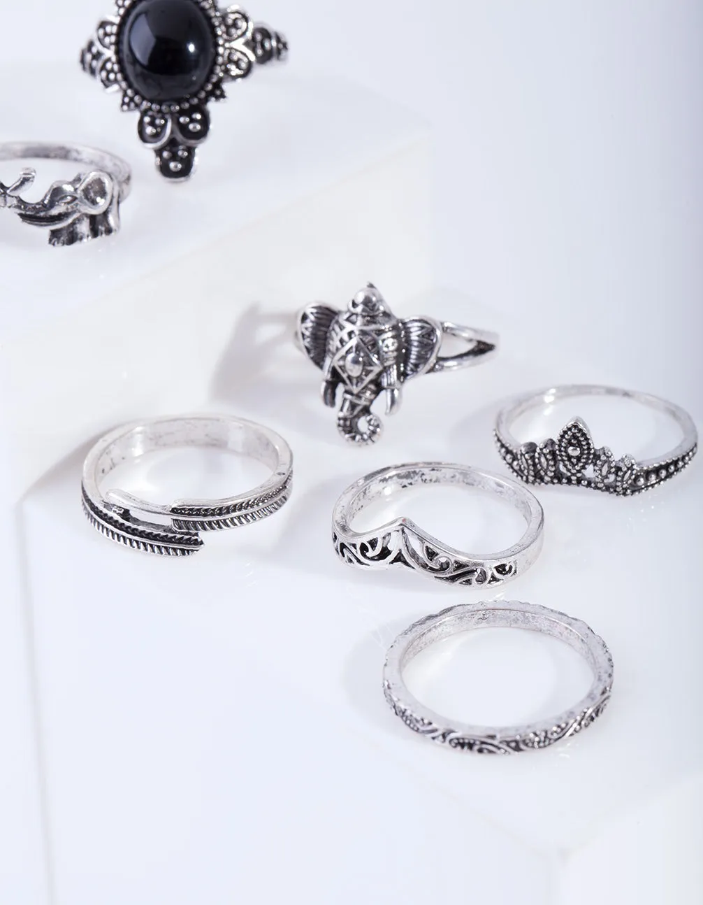 Antique Silver Boho Elephant Style Rings 8-Pack