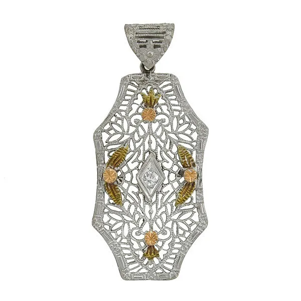 Art Deco 14kt Mixed Metals Diamond Filigree Pendant