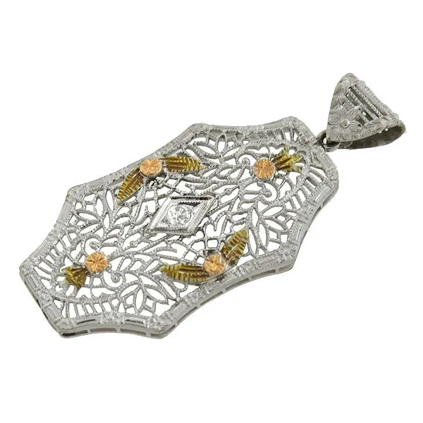 Art Deco 14kt Mixed Metals Diamond Filigree Pendant