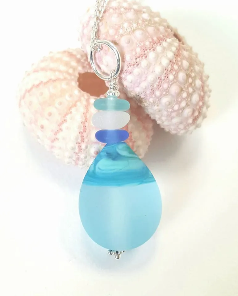 Artisan Sea Glass Necklace With Teardrop Handmade Bead