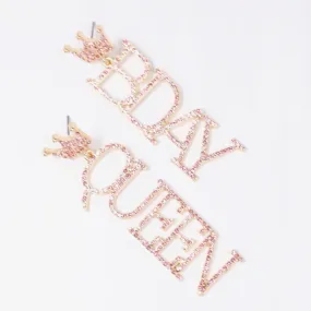 BDAY Queen Rhinestone Gold Dangle Earrings