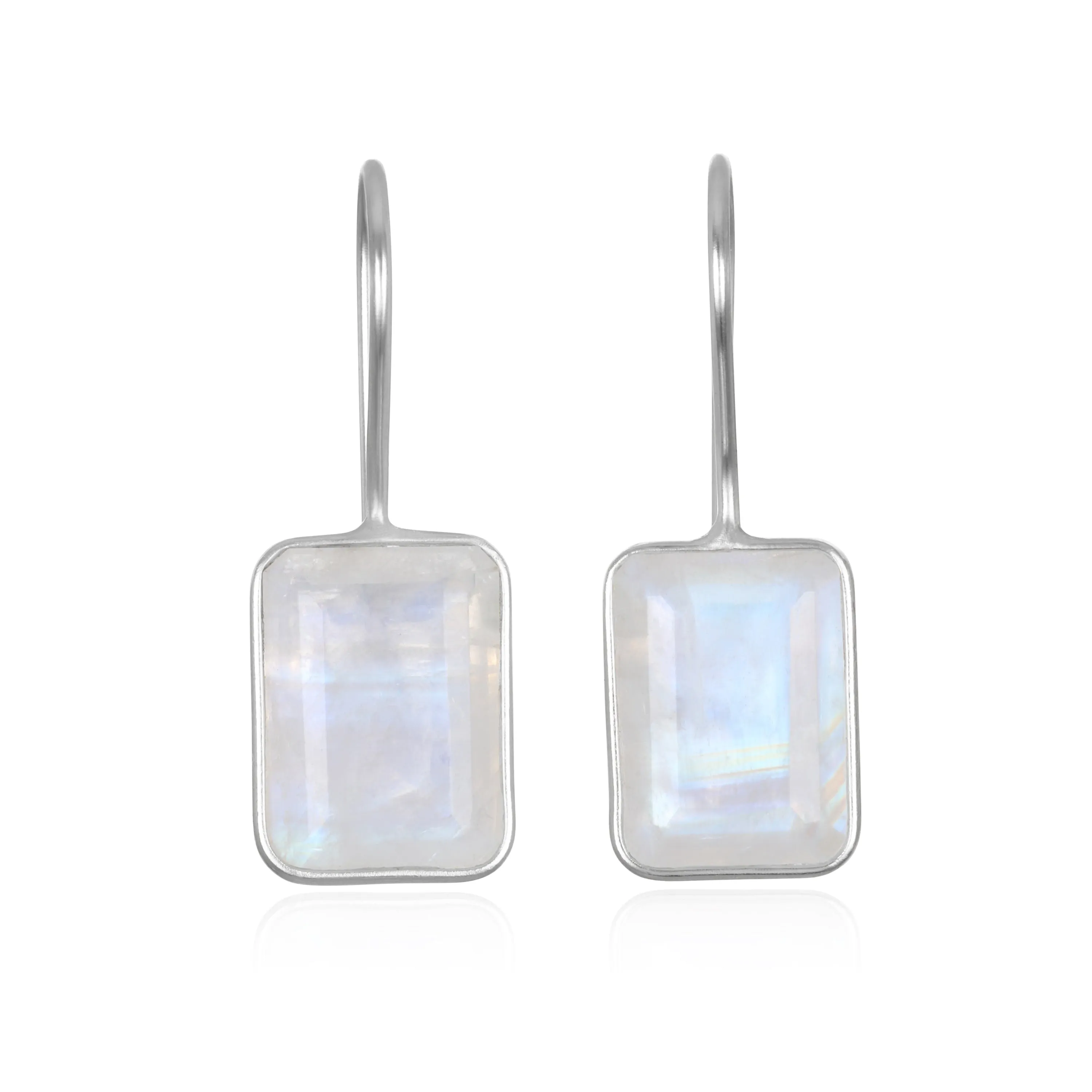 Bezeled Emerald Cut Dangles-Rainbow Moonstone Silver