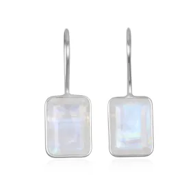 Bezeled Emerald Cut Dangles-Rainbow Moonstone Silver