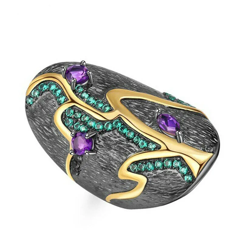 Black Rhodium Amethyst Emerald CZ Cocktail Ring