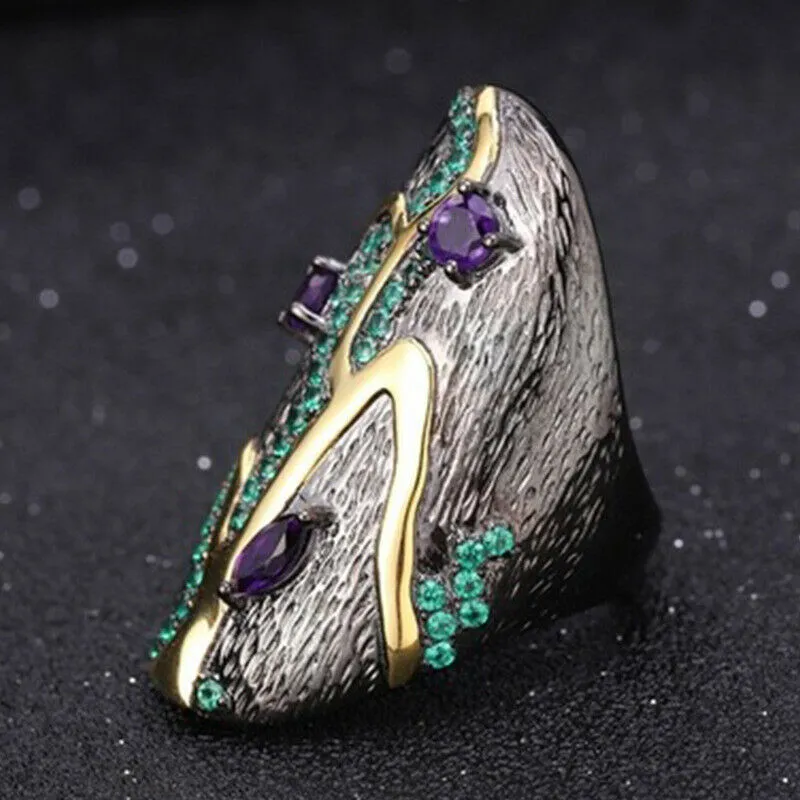 Black Rhodium Amethyst Emerald CZ Cocktail Ring