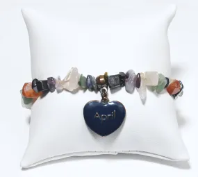 Blue Enamel "April" Heart Charm on Gemstone Chip Bead Stretch Bracelet