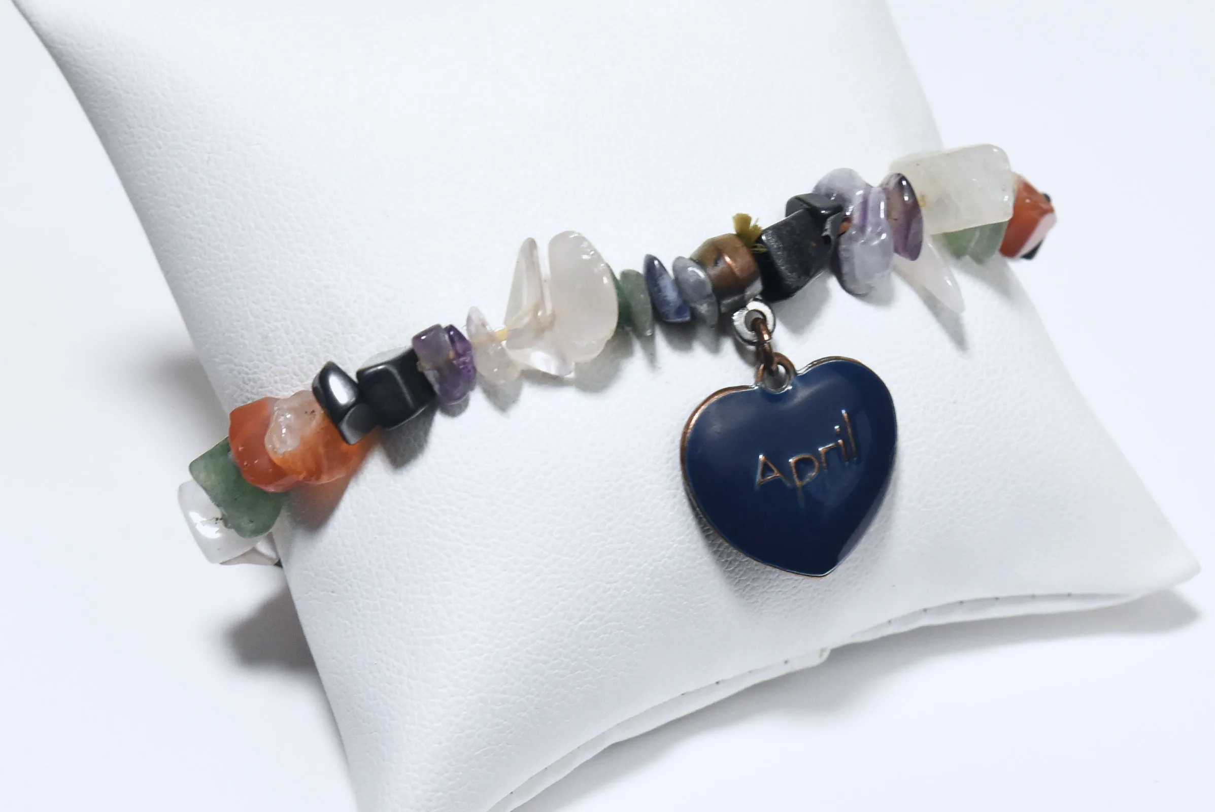 Blue Enamel "April" Heart Charm on Gemstone Chip Bead Stretch Bracelet