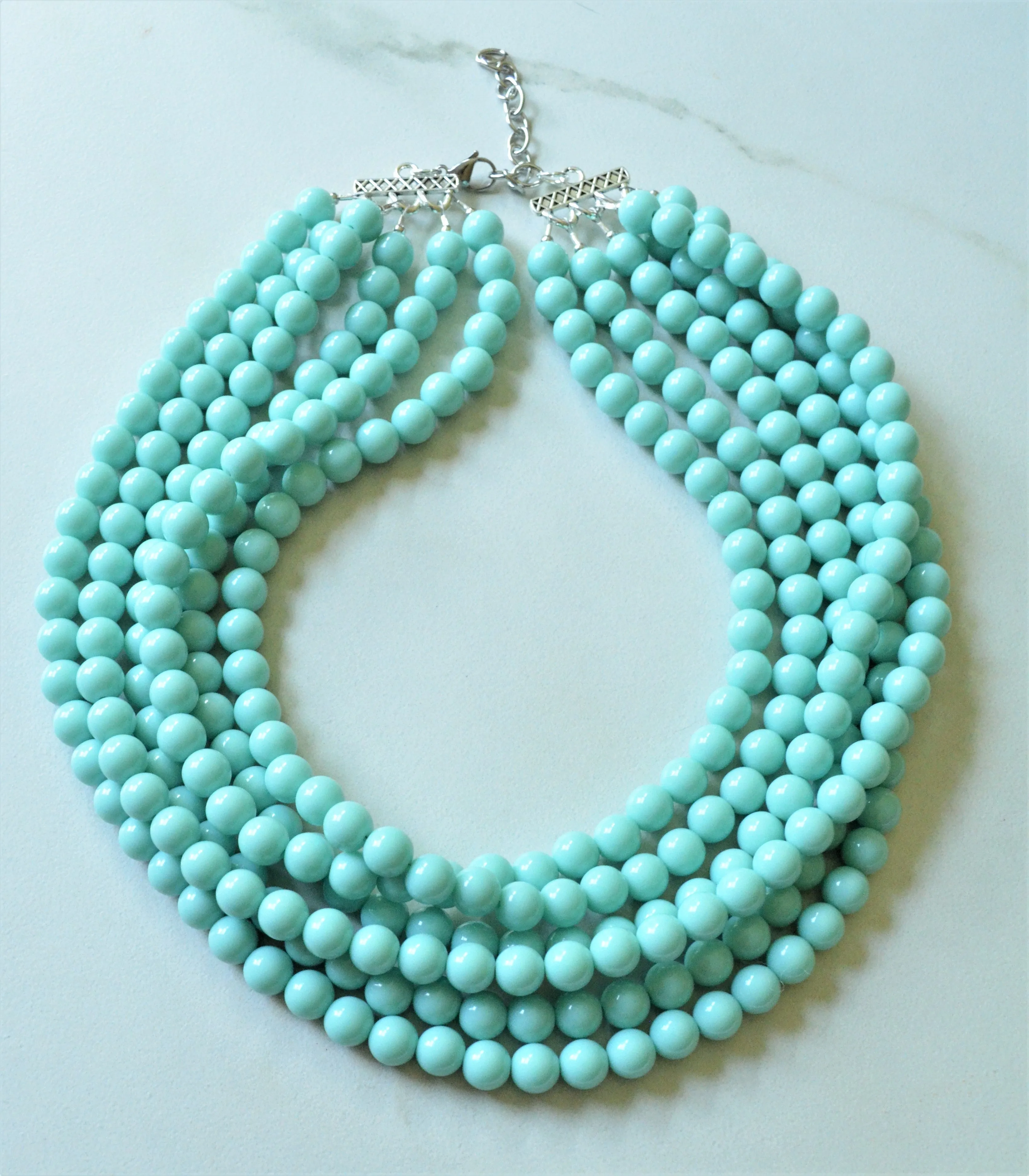 Blue Green Acrylic Lucite Bead Chunky Multi Strand Statement Necklace - Alana