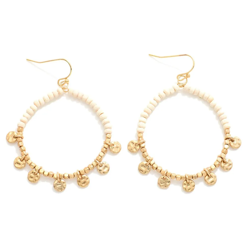 Boho Ivory Wooded Beads Drop Hoop Earrings Featuring Gold Tone Charms