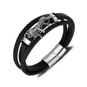 Bold Men's Leather and Stainless Steel Lion Head Bracelet - Stylish and Masculine Accessory