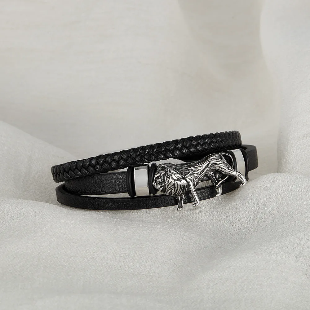 Bold Men's Leather and Stainless Steel Lion Head Bracelet - Stylish and Masculine Accessory