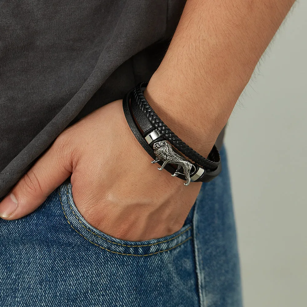 Bold Men's Leather and Stainless Steel Lion Head Bracelet - Stylish and Masculine Accessory