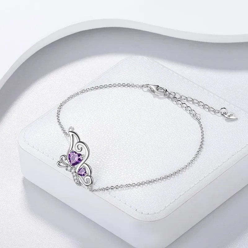 Butterfly Birthstone February Amethyst Bracelet Women Girls Jewelry Birthday Gift 925 Sterling Silver