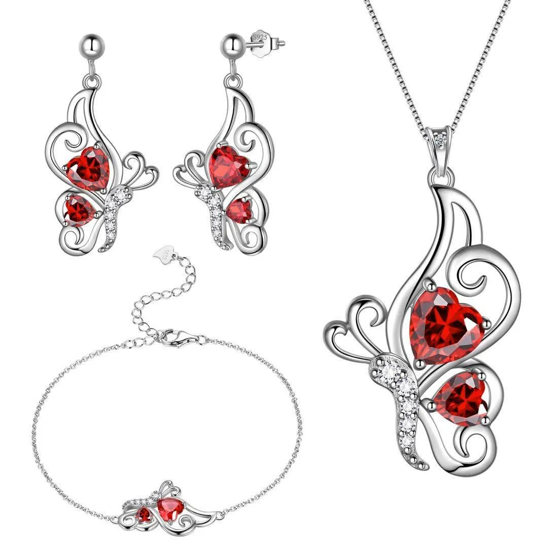 Butterfly Birthstone January Garnet Jewelry Set 4PCS Women Girls Birthday Gift