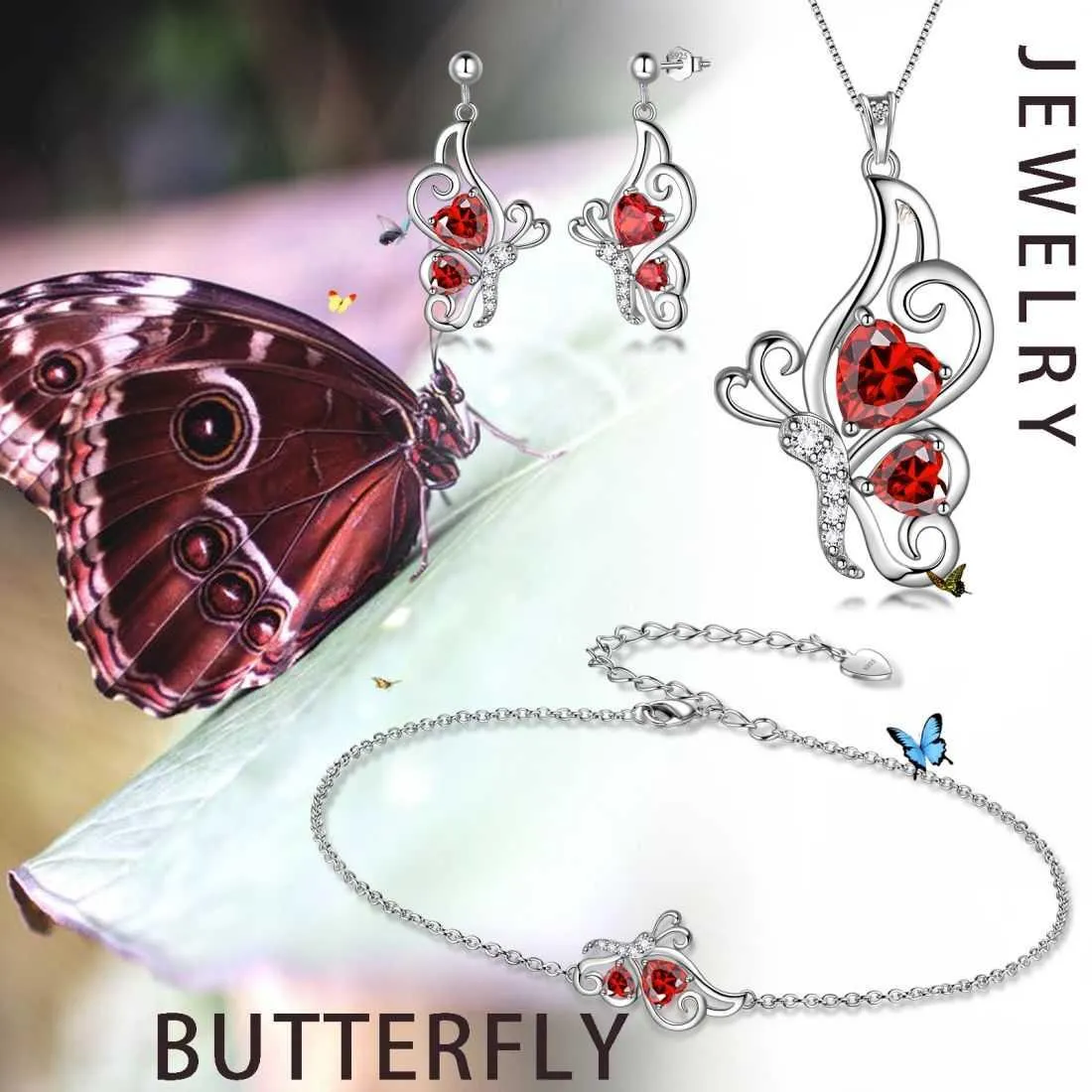 Butterfly Birthstone January Garnet Jewelry Set 4PCS Women Girls Birthday Gift