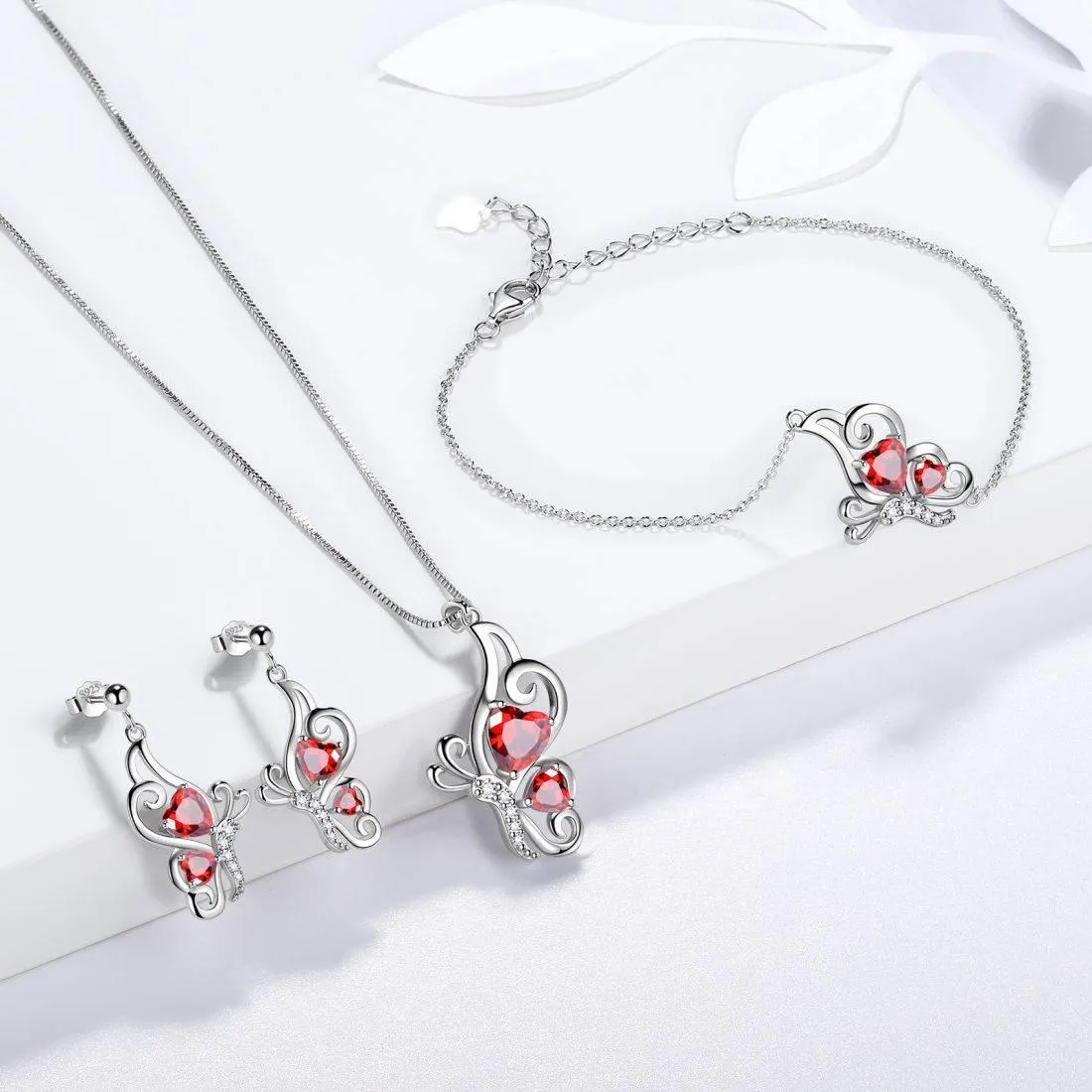 Butterfly Birthstone January Garnet Jewelry Set 4PCS Women Girls Birthday Gift