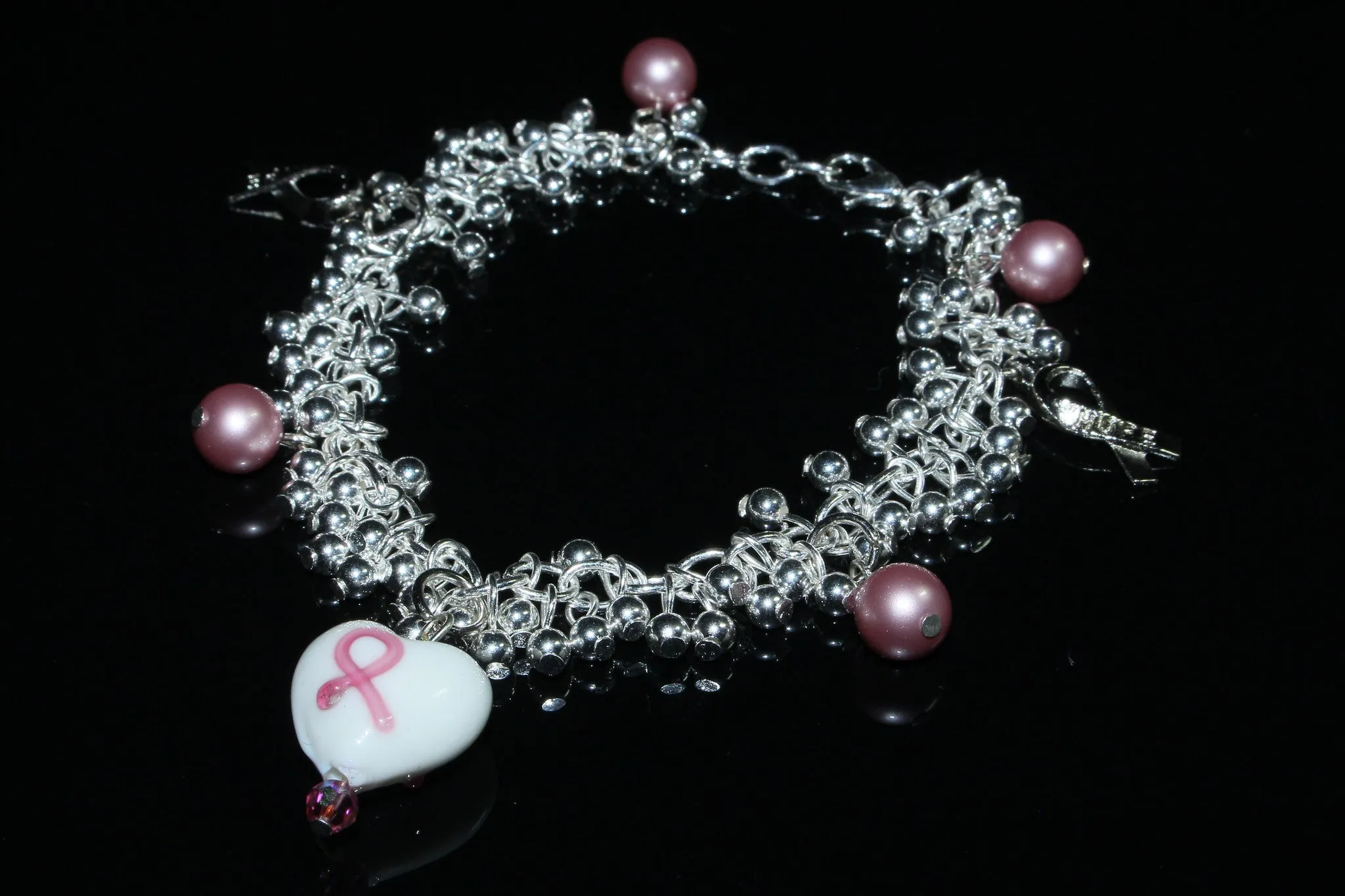 Cancer Awareness Hope Ribbon And Heart Charm Silver Bracelet