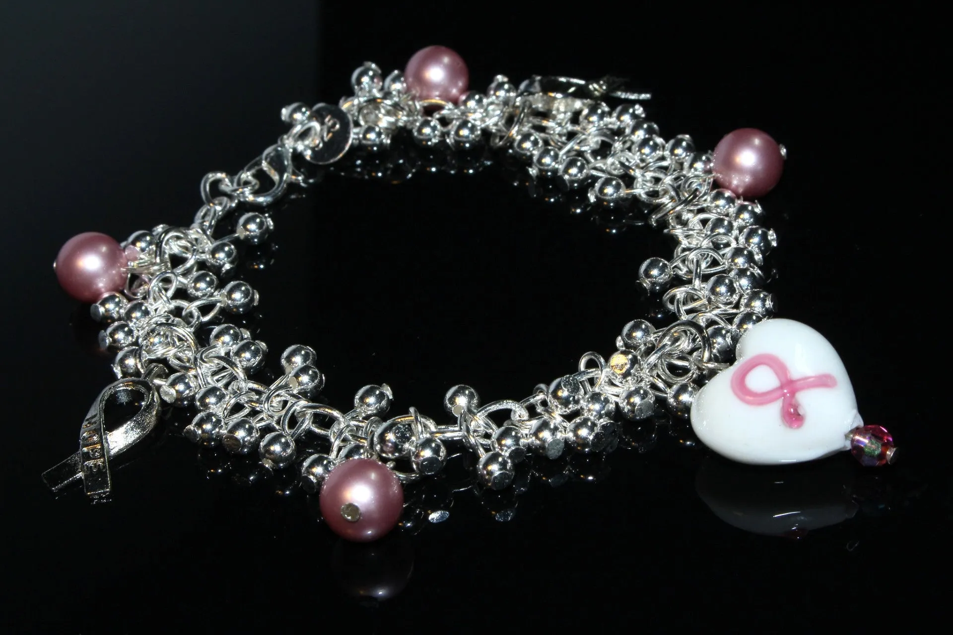 Cancer Awareness Hope Ribbon And Heart Charm Silver Bracelet