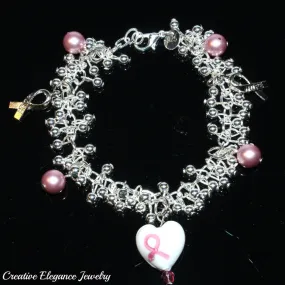 Cancer Awareness Hope Ribbon And Heart Charm Silver Bracelet