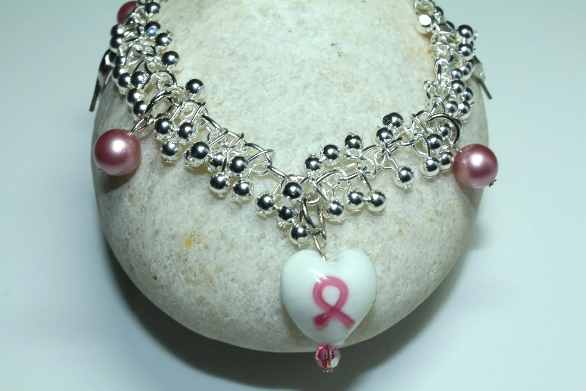 Cancer Awareness Hope Ribbon And Heart Charm Silver Bracelet