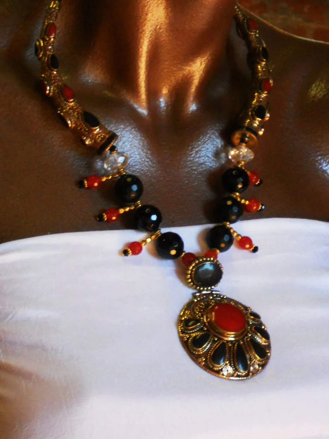 Carnelian Smokey Quartz Solid Brass Nepalese Exotic Bold Statement Necklace, NLO1693 The Falcon