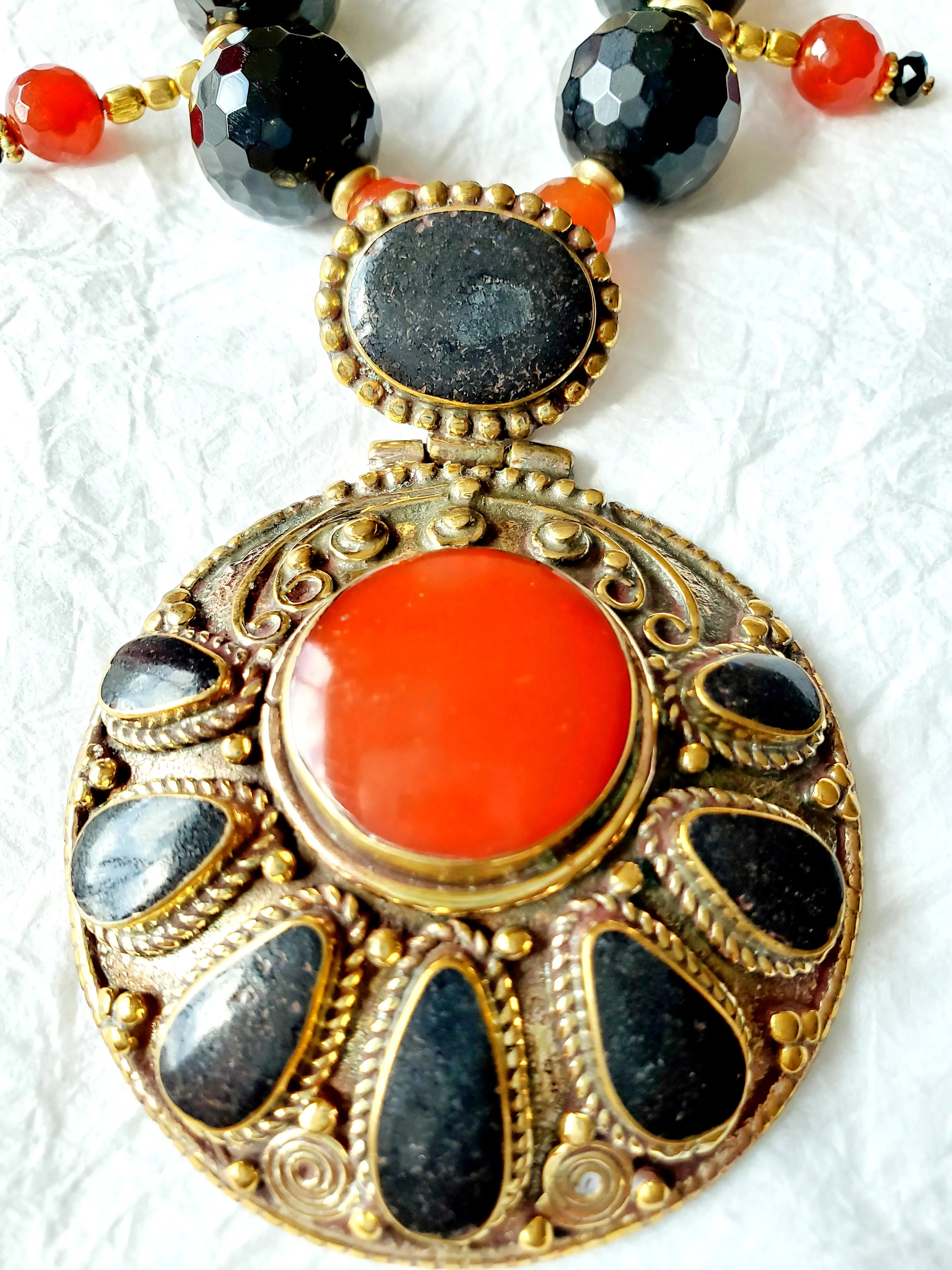 Carnelian Smokey Quartz Solid Brass Nepalese Exotic Bold Statement Necklace, NLO1693 The Falcon