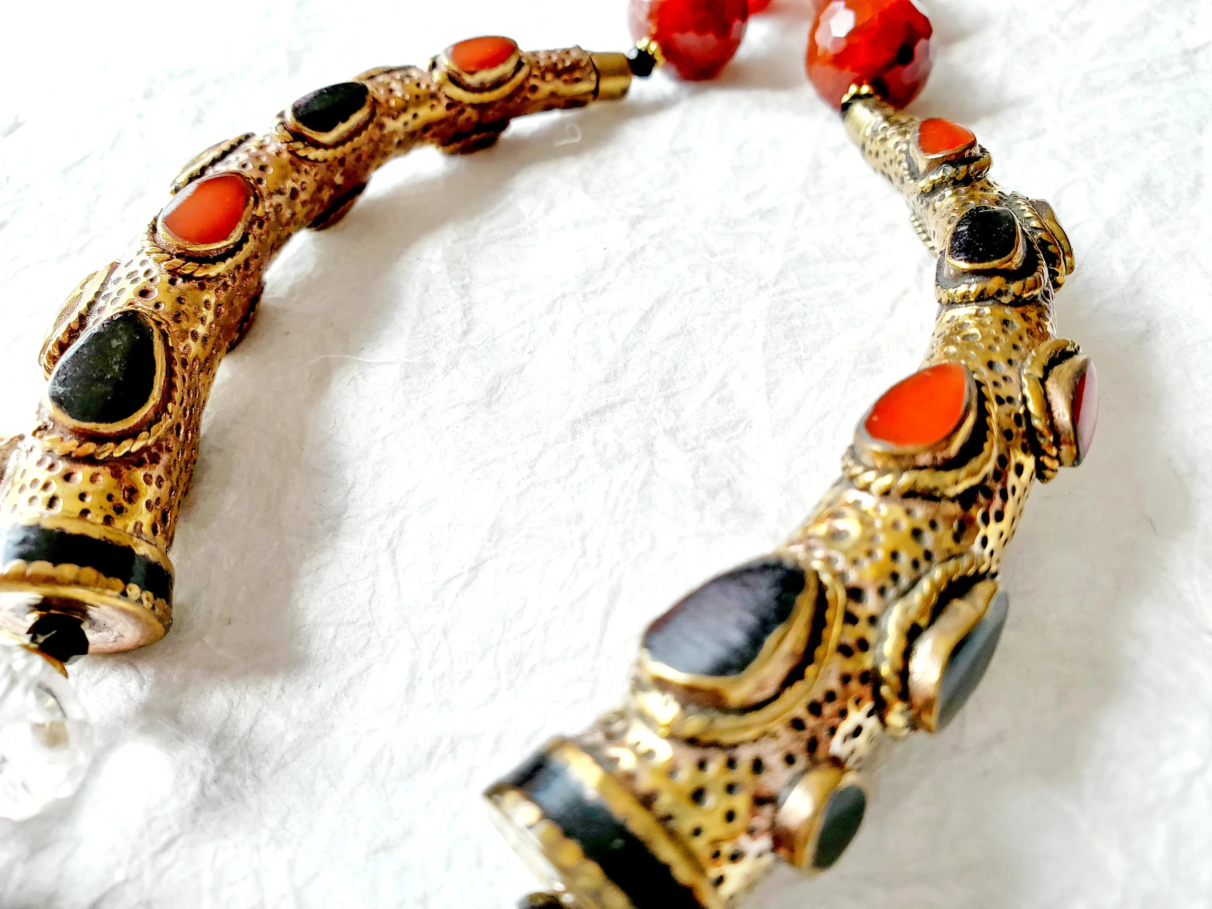 Carnelian Smokey Quartz Solid Brass Nepalese Exotic Bold Statement Necklace, NLO1693 The Falcon